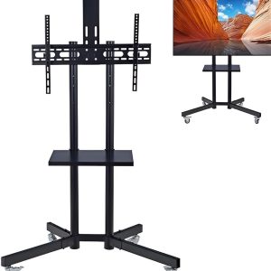 Portable TV Cart Height Adjustable - 32 to 65 Inch Mobile TV Stand with Webcam Shelf/Wheels, Floor Trolley for School/Office