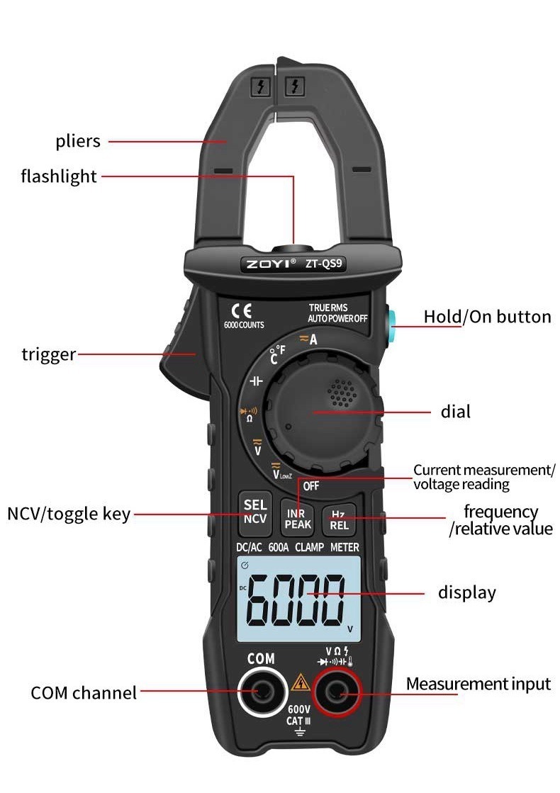 ZT-QS9 AC/ DC Clamp Meter RMS 6000 Counts Multimeter Tester Measuring Starting Current The Clamp Multimeter AC DC Current Voltage Diode Tester Digital multimeter Tester Voltmeter diode Meter - Image 8